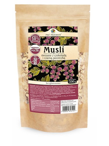 Musli owsiane z czekoladą i czarną porzeczką (Pięć Przemian), bezglutenowe płatki owsiane z dodatkami, 500g