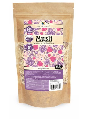 Musli owsiane z truskawkami (Pięć Przemian), bezglutenowe płatki owsiane z dodatkami, 500g