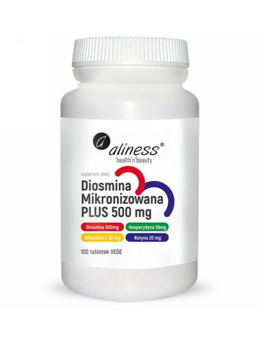 Diosmina Micronizowana Plus 500 mg (Aliness), kompleks drobnocząsteczkowej diosminy, witaminy C  i rutyny, 100 tabletek