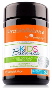 ProbioBalance Kids Balance (Aliness), 5 mld żywych komórek dziesięciu szczepów bakterii  w mikrokapsułkowanym probiotyku, 30 kapsułek 