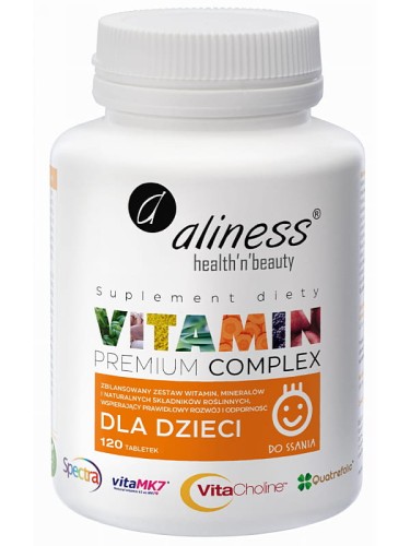 Vitamin Premium Complex dla dzieci (Aliness), zestaw witamin, minerałów i składników roślinnych dla dzieci, 120 tabletek do ssania