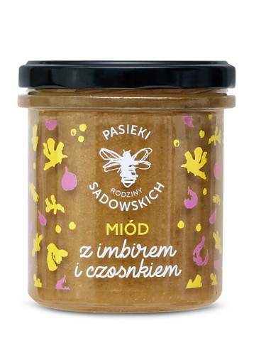 Miód z imbirem i czosnkiem (Pasieki Sadowskich), miód wielokwiatowy z dodatkiem suszonego imbiru i czosnku, 430g