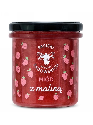 Miód z maliną (Pasieki Sadowskich), wielokwiatowy miód z dodatkiem liofilizowanej maliny, 430g
