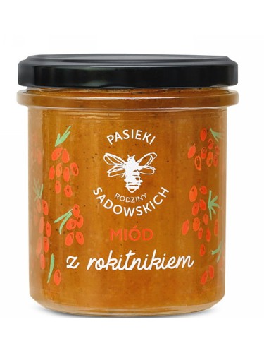 Miód z rokitnikiem (Pasieki Sadowskich), wielokwiatowy miód z dodatkiem liofilizowanego rokitnika, 430g
