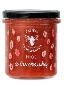 Miód z truskawką (Pasieki Sadowskich), wielokwiatowy miód z dodatkiem liofilizowanej truskawki, 430g