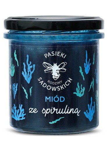 Miód ze spiruliną (Pasieki Sadowskich), wielokwiatowy miód z dodatkiem alg morskich, 430g