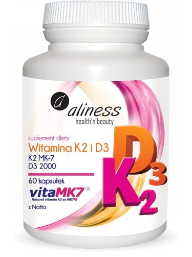 Witamina K2 i D3 (Aliness), kompleks witamin MK-7 100mcg i D3 2000, 60 kapsułek