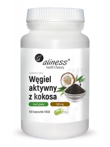 Węgiel aktywny z kokosa (Aliness), 300 mg wysokiej jakości węgla aktywnego pozyskiwanego z łupin kokosa, 100 kapsułek 