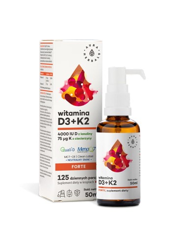 Witamina D3 + K2 forte (Aura Herbals), naturalna witamina D 4000IU i K2 75 mcg w kroplach, 50 ml