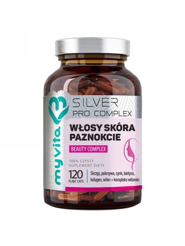 Włosy, skora, paznokcie Silver (MyVita), mieszanka składników wpływających na zdrowy stan skóry, włosów i paznokci, 120 kapsułek