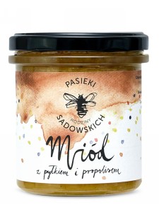 Miód z pyłkiem i propolisem (Pasieki Sadowskich), wielokwiatowy miód z propolisu i pyłku, 430g