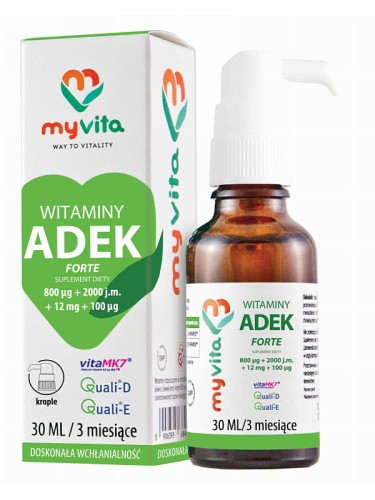 Witaminy ADEK Forte (MyVita), witaminy rozpuszczone w certyfikowanej oliwie z oliwek BIO, 30 ml