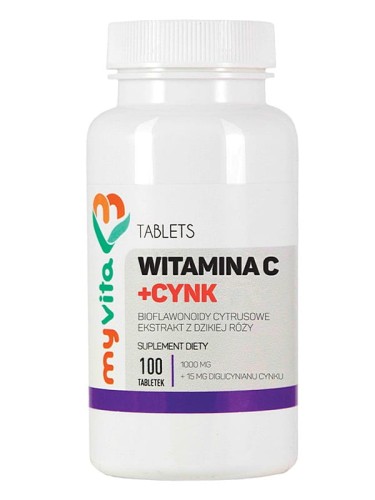 Witamina C + cynk (MyVita), bioflawonoidy cytrusowe, ekstrakt z dzikiej róży wzbogacone w chelatowany cynk, 100 tabletek