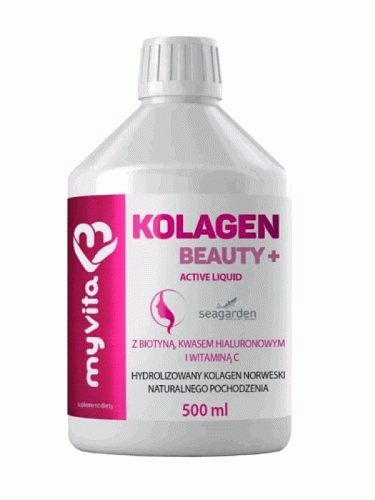Kolagen Beauty + Active Liquid (MyVita), hydrolizowany kolagen norweski wzbogacony w biotynę, kwas hialuronowy i witaminę C, 500 ml