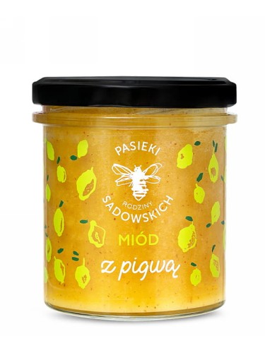 Miód z pigwą (Pasieki Sadowskich), miód wielokwiatowy z dodatkiem liofilizowanej pigwy, 430g