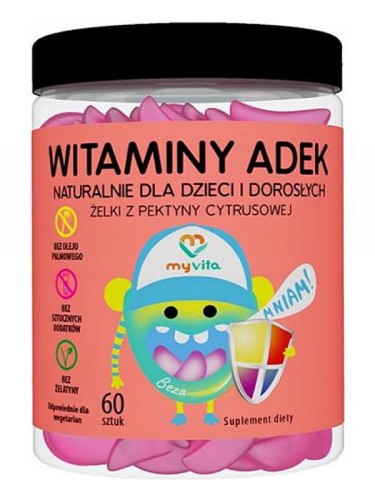 Witaminy ADEK (MyVita), naturalne żelki z pektyny cytrusowej dla dorosłych i dzieci, 60 sztuk