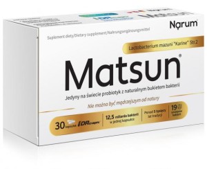 Narum Matsun 250 mg, Lactobacterium mazuni "Karine", naturalny bukiet 19 bakterii, Lactobacillus acidophilus Er-2 szczep 317/402 Narine, 30 kapsułek