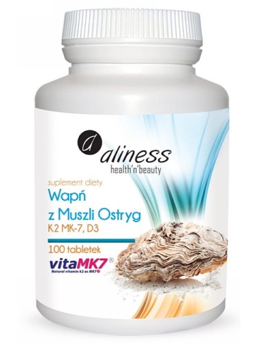 Wapń z muszli ostryg z K2MK7 i D3 (Aliness), 100 kapsułek