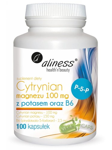 Cytrynian magnezu 100 mg z potasem 150 mg oraz B6 P-5-P (Aliness), 100 kapsułek